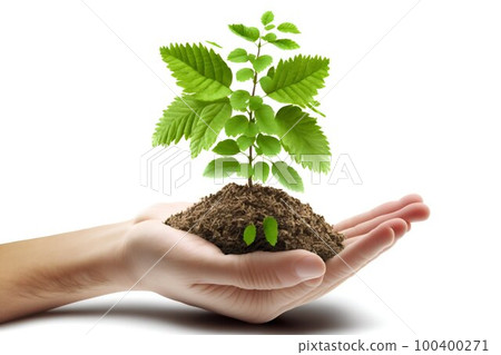 Plant with ground pile in the hands. Generative AI 100400271