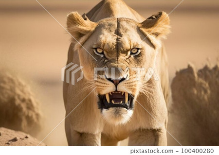 Lioness in Africa savannah. Generative AI 100400280