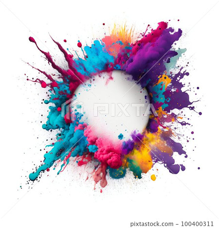 Empty blank circle frame with colorful powder paint explosion. Generative AI 100400311
