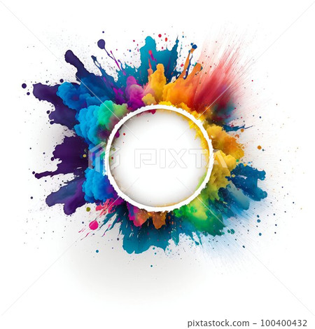 Empty blank circle frame with colorful powder paint explosion. Generative AI 100400432
