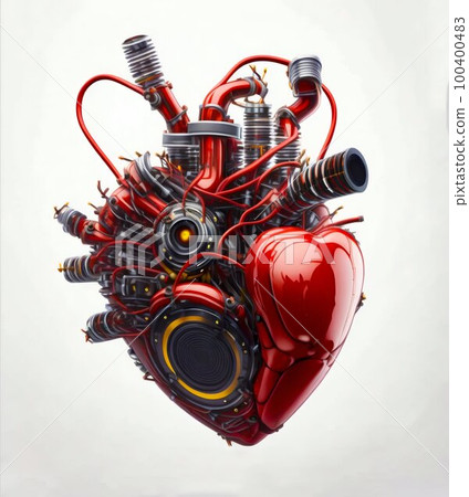Robot mechanical red heart isolated on white background. Generative AI 100400483