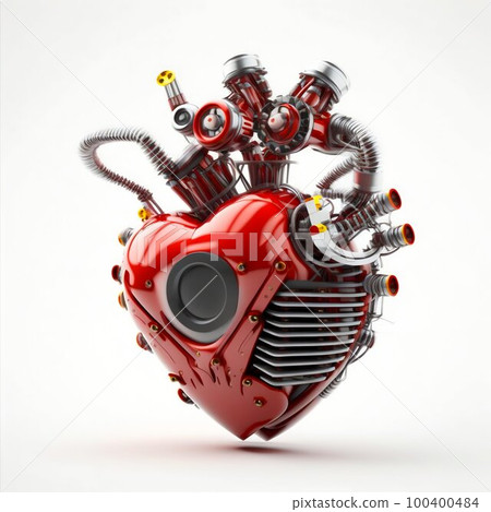 Robot mechanical red heart isolated on white background. Generative AI 100400484