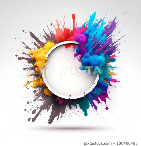 Empty blank circle frame with colorful powder paint explosion. Generative AI 100400485