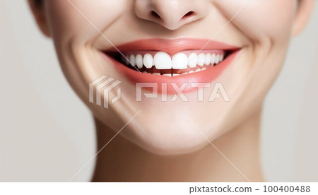 Woman beauty smile white teeth. Stomatology concept. Generative AI Woman beauty smile white teeth. Stomatology concept. Generative AI 100400488