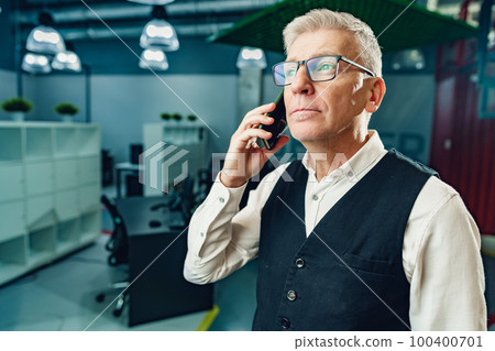 Handsome mature businessman talking on mobile phone in the office 100400701