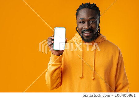 Smiling african man pointing at cellphone with blank screen with copy space 100400961
