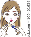 Illustration of a young woman applying red lip gloss 100401634