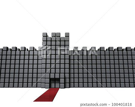 道路前方堅固而高的防禦牆和檢查站。代表阻礙您前進的路障和障礙的抽象概念。 100401818