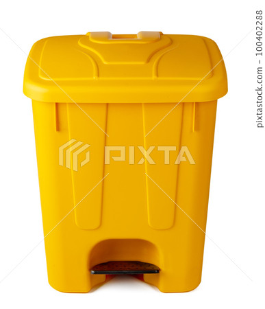 Yellow plastic waste bin isolated on white 100402288