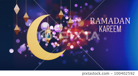 Blue banner with moon and lantern for Muslim Holidays and Ramadan 3d rendering 100402592