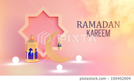 Ramadan kareem 3d rendering with Turkish traditional lantern and Mosque on pink background 100402604