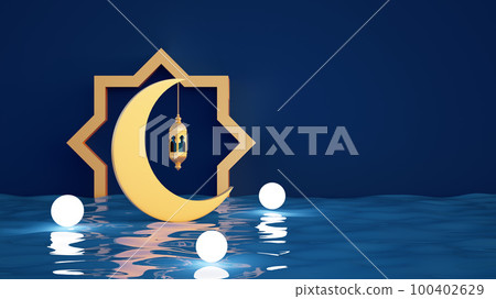 Blue banner with moon and lantern for Muslim Holidays and Ramadan 3d rendering 100402629