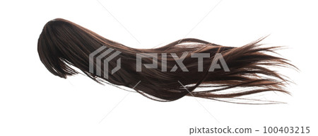 Long straight Wig hair style fly fall explosion. Brown woman wig hair float in mid air. Straight brown wig hair wind blow cloud throw. White background isolated high speed freeze motion 100403215