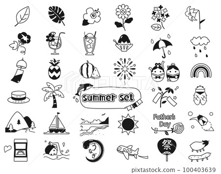 A set of illustrations inspired by early summer and summer events and plants such as the sea, sunflowers, and hydrangeas (monochrome version) A set of illustrations inspired by early summer and summer events and plants such as the sea, sunflowers, and hydrangeas (monochrome version) 100403639