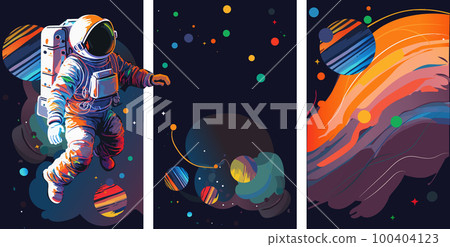 Astronaut explores space being desert planet. Astronaut space suit performing extra cosmic activity space against stars and planets background. Human space flight. Modern vector illustration Astronaut explores space being desert planet. Astronaut space suit performing extra cosmic activity space against stars and planets background. Human space flight. Modern vector illustration 100404123