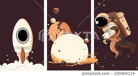 Astronaut explores space being desert planet. Astronaut space suit performing extra cosmic activity space against stars and planets background. Human space flight. Modern vector illustration Astronaut explores space being desert planet. Astronaut space suit performing extra cosmic activity space against stars and planets background. Human space flight. Modern vector illustration 100404124