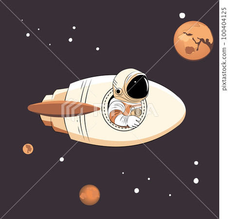 Astronaut explores space being desert planet. Astronaut space suit performing extra cosmic activity space against stars and planets background. Human space flight. Modern vector illustration Astronaut explores space being desert planet. Astronaut space suit performing extra cosmic activity space against stars and planets background. Human space flight. Modern vector illustration 100404125