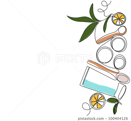 Skin care concept. Landing page template. Morning routine. Bath time. Organic products for scrubbing and body skin care with natural herbal skin care products, top view. Vector illustration Skin care concept. Landing page template. Morning routine. Bath time. Organic products for scrubbing and body skin care with natural herbal skin care products, top view. Vector illustration 100404126