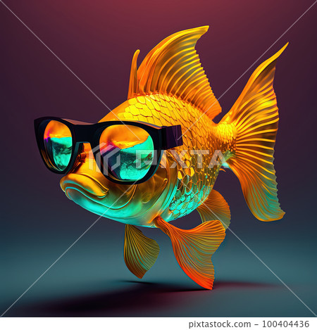 Neon party goldfish in sunglasses. Pop art style fish portrait Neon party goldfish in sunglasses. Pop art style fish portrait 100404436