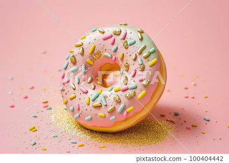 Donut with gold sprinkles on pastel colorful background. Perfect donut for Doughnut day concept 100404442