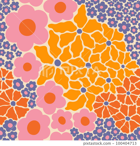 Groovy Flowers Seamless Pattern. Trendy Naive Floral Vector Background in 1970s Hippie Retro Style 100404713