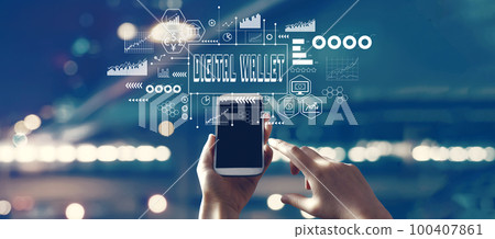 Digital Wallet theme with person using smartphone 100407861