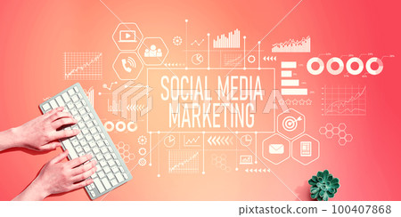 Social media marketing theme with person using computer keyboard 100407868