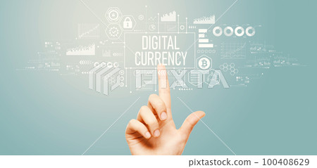 Digital currency theme with hand pressing a button 100408629