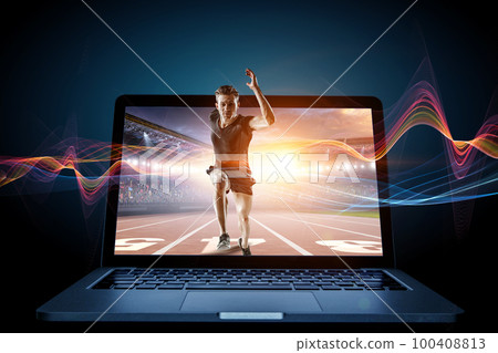 Man in sportwear running . Mixed media 100408813
