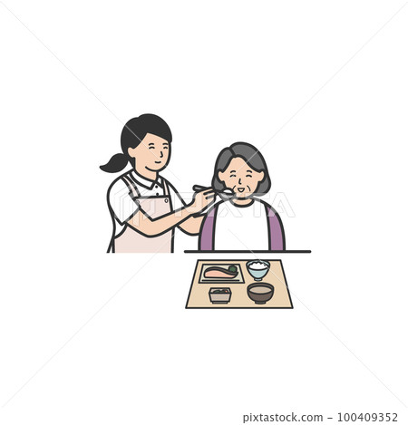 一位女性護理人員幫助一位老年婦女進食的插圖 100409352