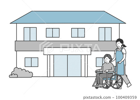 Illustration of a nursing home with an elderly woman and a caregiver Illustration of a nursing home with an elderly woman and a caregiver 100409359