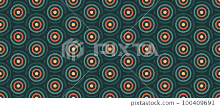 Retro seamless pattern. Vintage concentric circles background. Repeated abstract geometric texture in 70s or 80s style. Colourful fabric and textile design. Vector wallpaper.  100409691