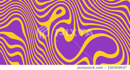 Retro groovy background. Wavy vintage trippy psychedelic wallpaper. Purple yellow liquid hippie texture. Colorful pattern for cover poster in 60s or 70s style. Vector 100409697