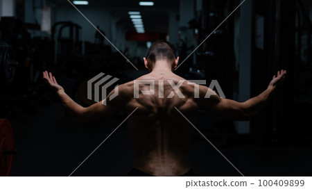 Back view of shirtless man with sculpted body in gym.  100409899