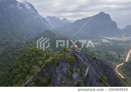Aerial view of rural landscape at Nam Xay Viewpoint Vang vieng Laos 100409930