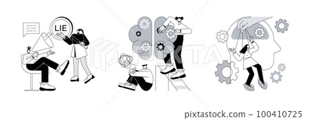 Social engineering abstract concept vector illustration set. Post-truth, gaslighting and psychological manipulation, fake news, cyber propaganda, mental abuse, cognitive dissonance abstract metaphor. Social engineering abstract concept vector illustration set. Post-truth, gaslighting and psychological manipulation, fake news, cyber propaganda, mental abuse, cognitive dissonance abstract metaphor. 100410725