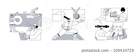 Personal training abstract concept vector illustration set. Swimming and lifesaving classes, self defense, how-to videos, pool instructor, martial arts, interactive online learning abstract metaphor. 100410729