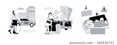 Crossing border abstract concept vector illustration set. Taxi transfer, transfrontier transport, smuggling and illegal goods transportation, freight taxi service, contraband abstract metaphor. Crossing border abstract concept vector illustration set. Taxi transfer, transfrontier transport, smuggling and illegal goods transportation, freight taxi service, contraband abstract metaphor. 100410731