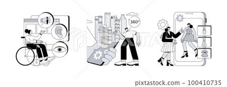 Online inclusivity abstract concept vector illustration set. Web accessibility program, virtual tour and online dressing room, websites for people with special needs, e-commerce abstract metaphor. 100410735