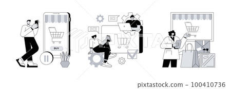 Booking processing abstract concept vector illustration set. Order on hold, acknowledgment received, drop-shipper receives order, payment confirmation, online purchase shipping abstract metaphor. Booking processing abstract concept vector illustration set. Order on hold, acknowledgment received, drop-shipper receives order, payment confirmation, online purchase shipping abstract metaphor. 100410736