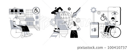 Barrier-free environment abstract concept vector illustration set. Accessible environment design, industrial product usability and ergonomics, electronic accessibility for disabled abstract metaphor. 100410737
