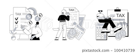 Filing taxes by yourself abstract concept vector illustration set. Filing tax return software, electronic documents, gather paperwork, e-file earnings statement, IRS form abstract metaphor. Filing taxes by yourself abstract concept vector illustration set. Filing tax return software, electronic documents, gather paperwork, e-file earnings statement, IRS form abstract metaphor. 100410739