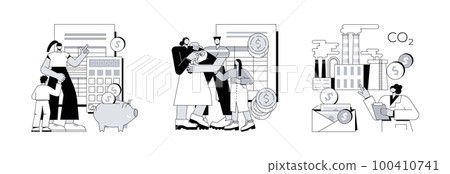 Family support abstract concept vector illustration set. Child care expense deduction, care and carbon tax credits, taxable income, family budget, bank transfer, paycheck abstract metaphor. 100410741