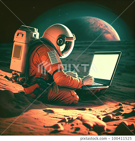 A portrt of an astronaut in a spacesuit working on a laptop. A high-tech astronaut from the future. Generative AI Art. A portrt of an astronaut in a spacesuit working on a laptop. A high-tech astronaut from the future. Generative AI Art. 100411525