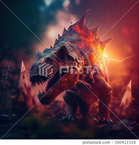 Fantasy dinosaur in the ancient prehistoric jungle. An ancient predatory dinosaur. Generative AI Art. 100411528