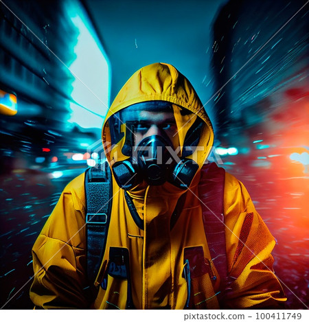 Portrait of a surviving stalker in a gas mask and special chemical defense suit. Generative AI Art. Portrait of a surviving stalker in a gas mask and special chemical defense suit. Generative AI Art. 100411749