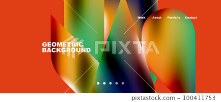 Glassmorphism landing page background template. Colorful glass shapes with metallic effect abstract composition for wallpaper, banner, background 100411753