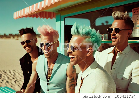 Portrait of retro hipsters with colored hair. Hipster men with punk hair. Generative AI Art. 100411754