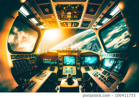 View from the cockpit of a spaceship captain rushing through space at high speed. Generative AI Art. View from the cockpit of a spaceship captain rushing through space at high speed. Generative AI Art. 100411755