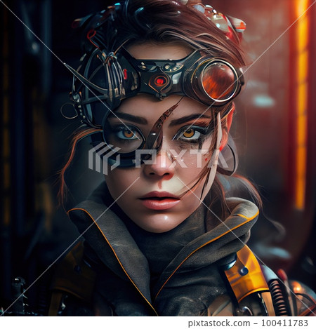 Portrt of Fantastic Warrior. High-tech futuristic man from the future. Generative AI Art. 100411783